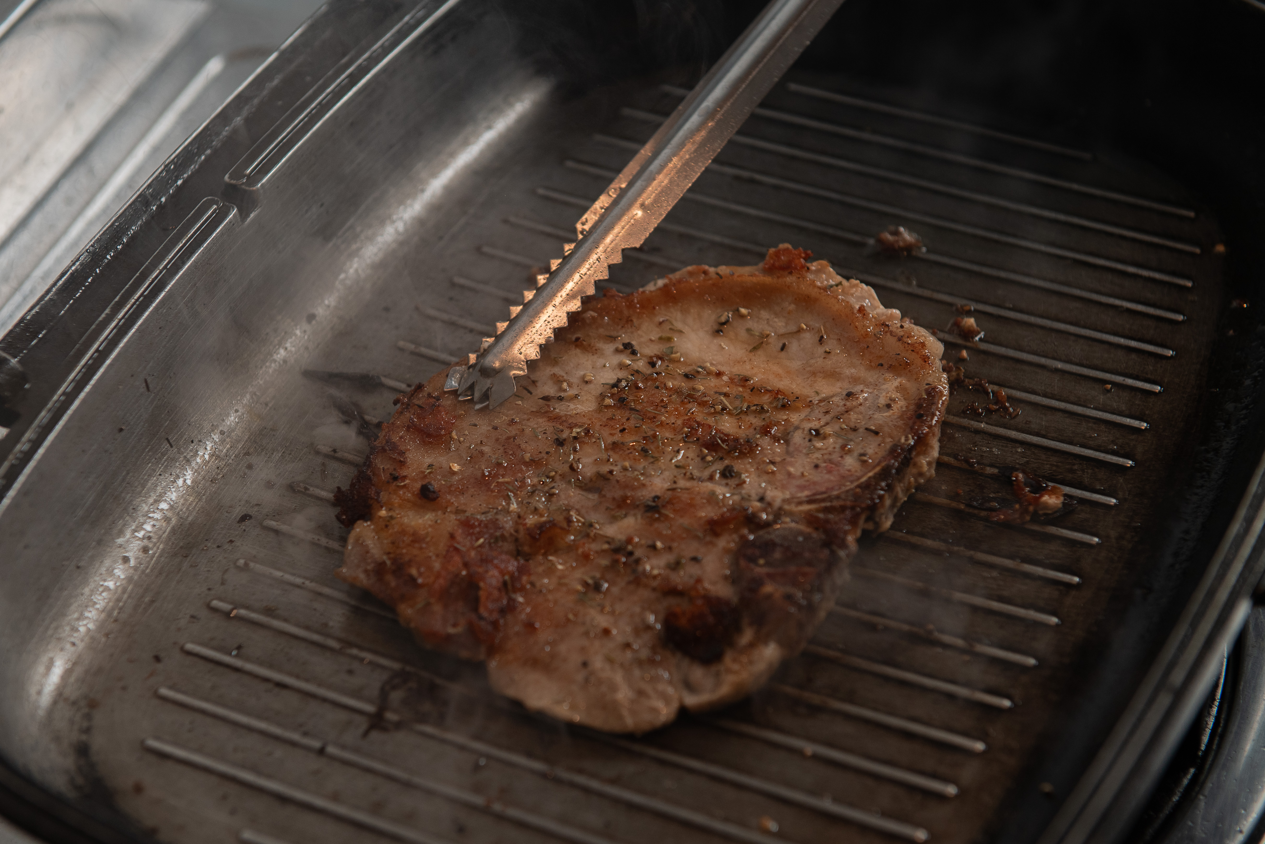 A plated steak dinner from the on-site kitchen