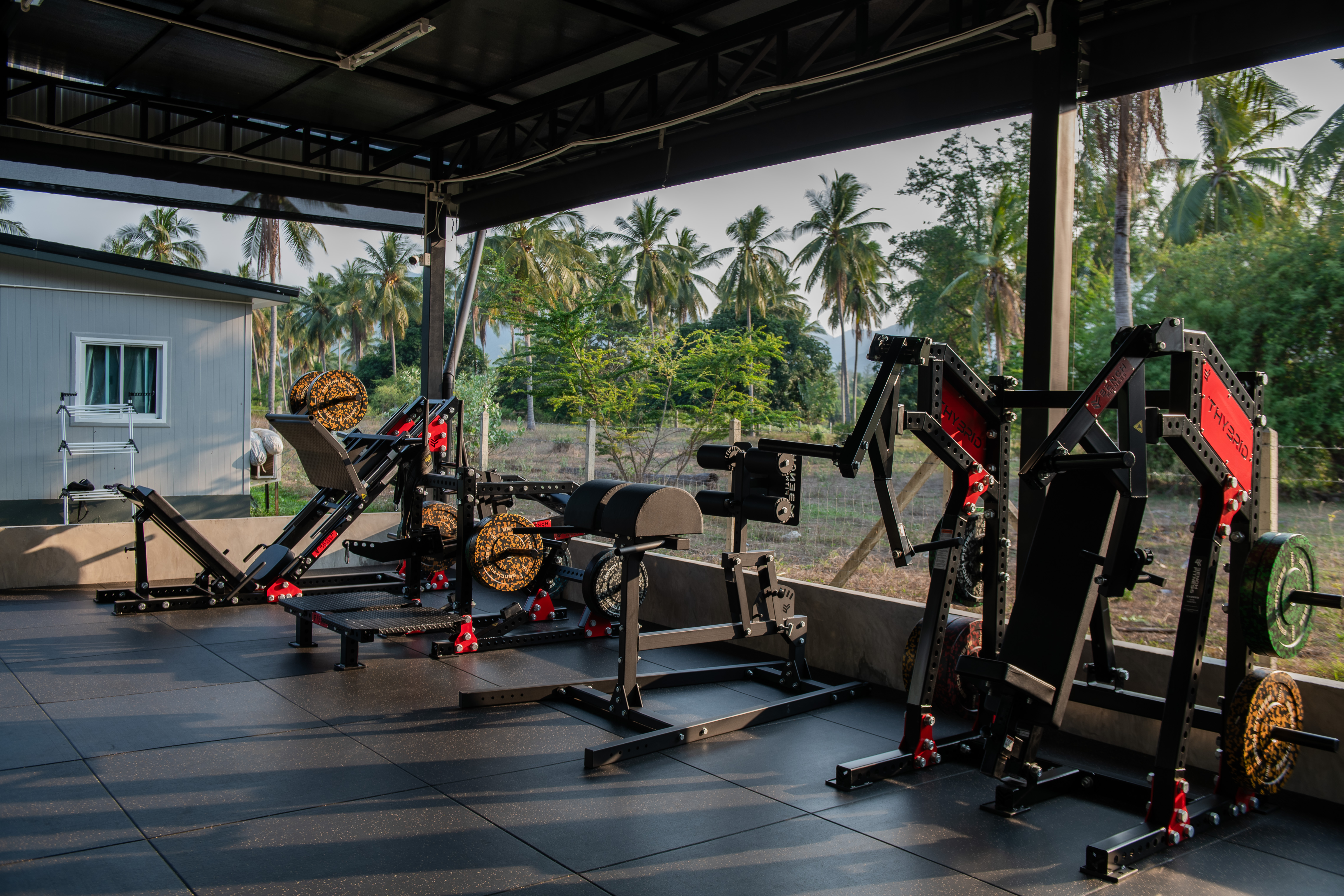 Strength training equipment on the open-air gym floor