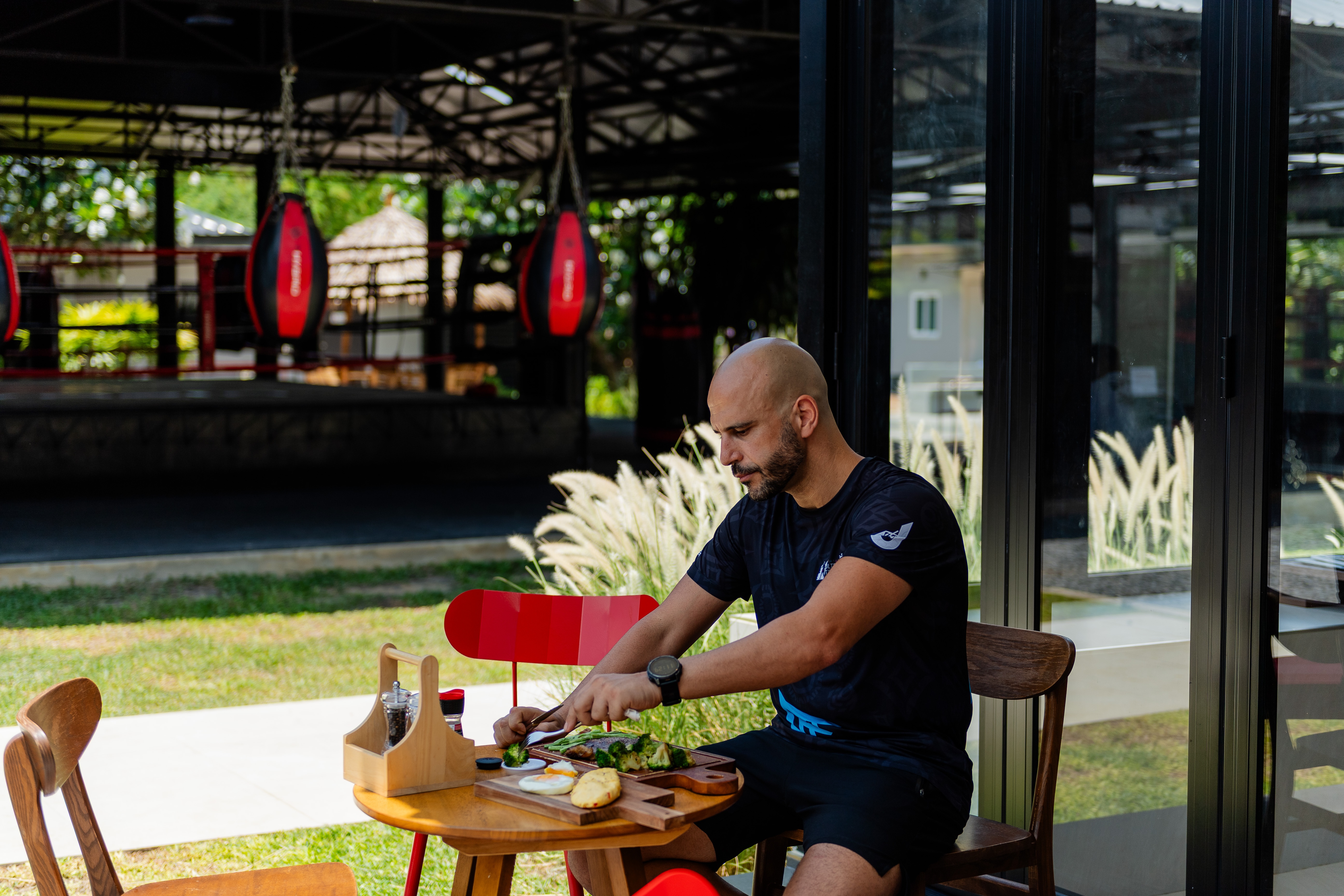 Guests training together on the open-air floor
