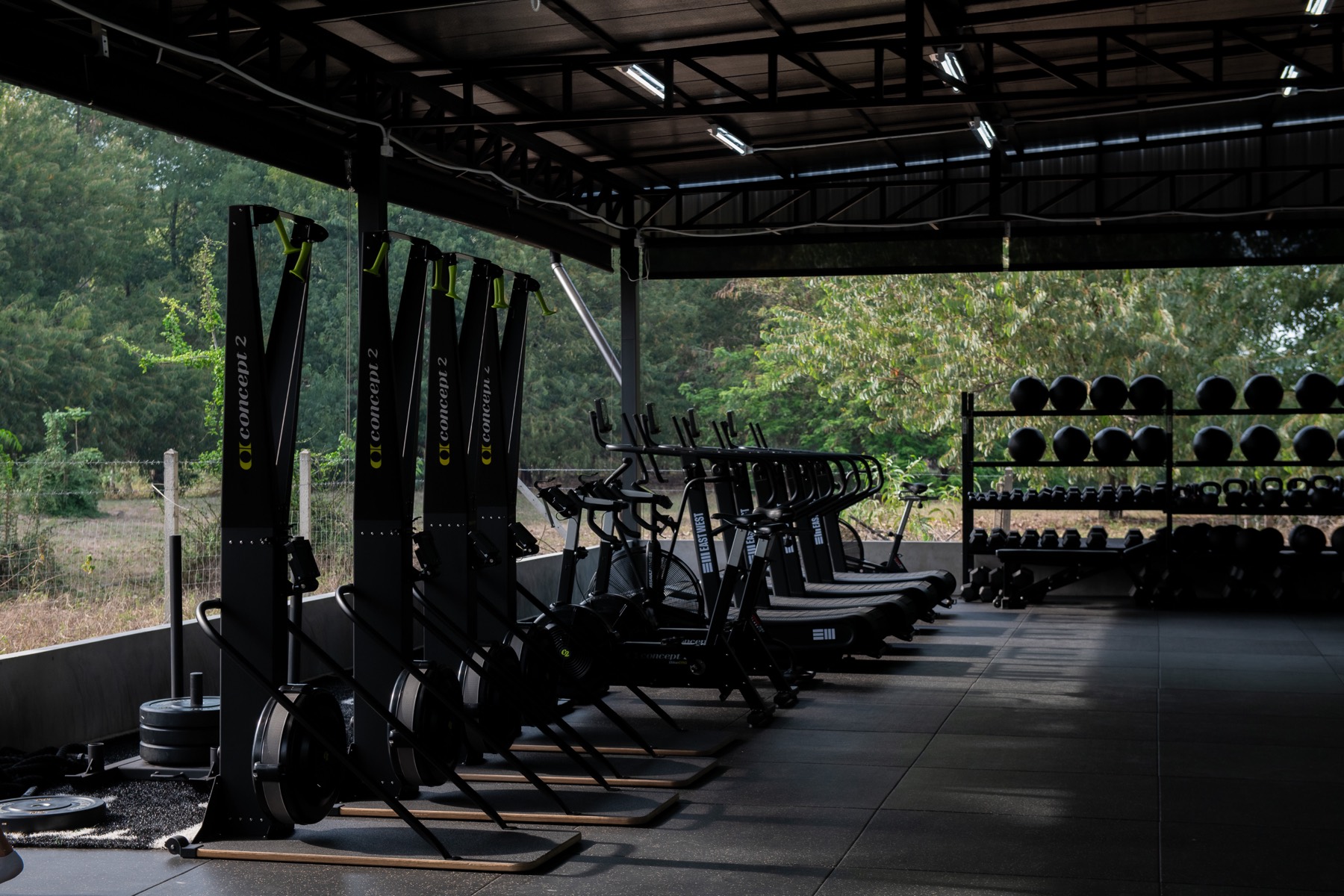 Racked barbells and functional equipment in the strength area